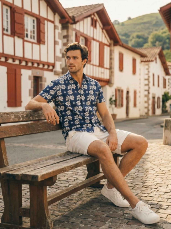 Chemise imprimée hibiscus en coton à manches courtes - Bleu marine
