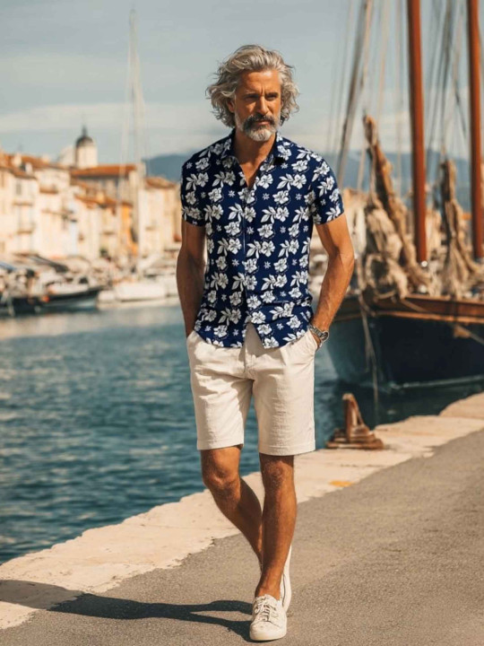 Chemise imprimée hibiscus en coton à manches courtes - Bleu marine