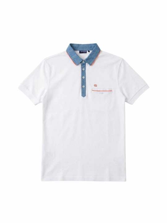Polo à manches courtes et col contrasté en chambray - Blanc