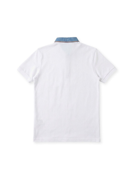 Polo à manches courtes et col contrasté en chambray - Blanc