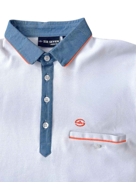Polo à manches courtes et col contrasté en chambray - Blanc