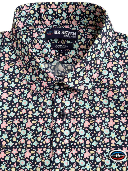 Chemise manches longues imprimée à fleurs - Bleu marine