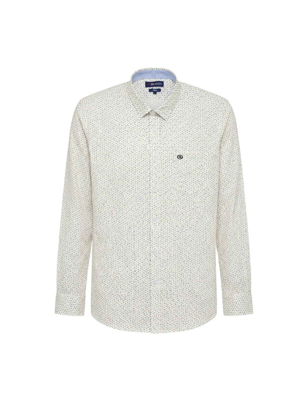 Chemise lin/coton manches longues à pois- Blanc