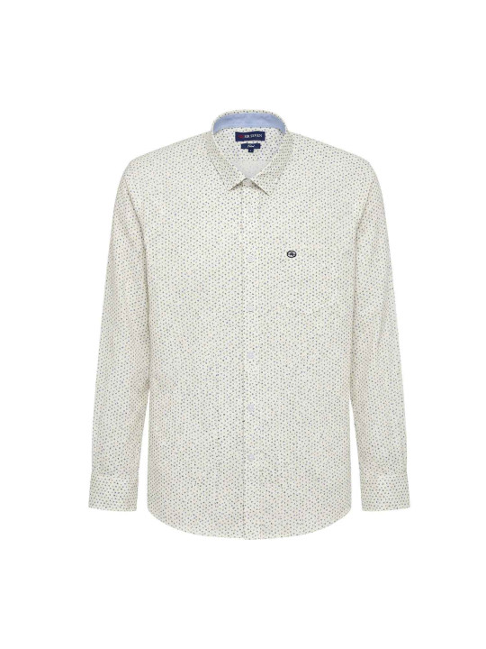 Chemise lin/coton manches longues à pois- Blanc