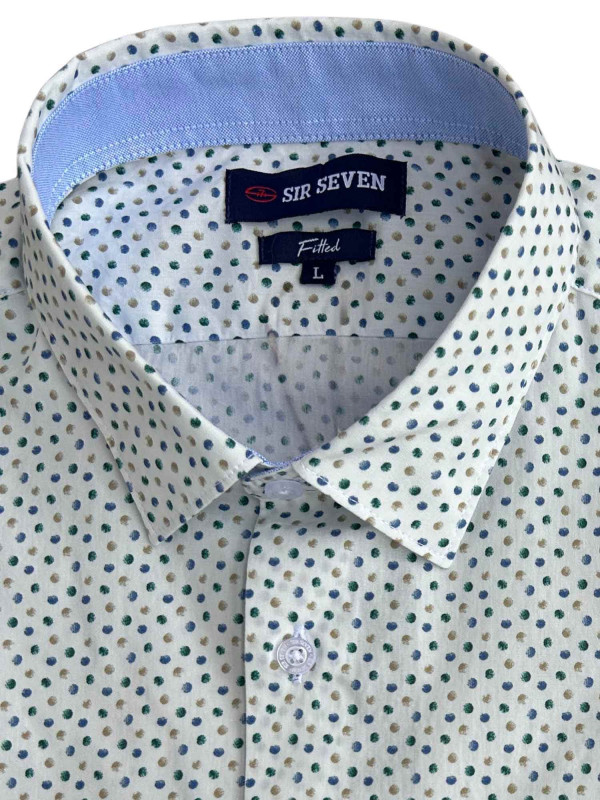 Chemise lin/coton manches longues à pois- Blanc