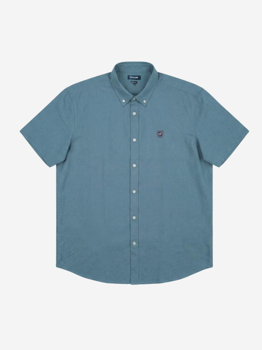 Chemise grandes tailles coton/lin brodée à manches courtes -Bleu