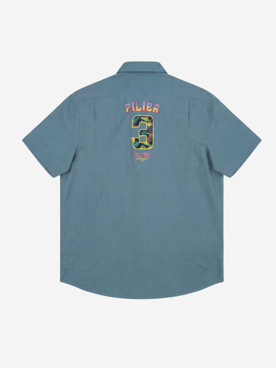 Chemise grandes tailles coton/lin brodée à manches courtes -Bleu