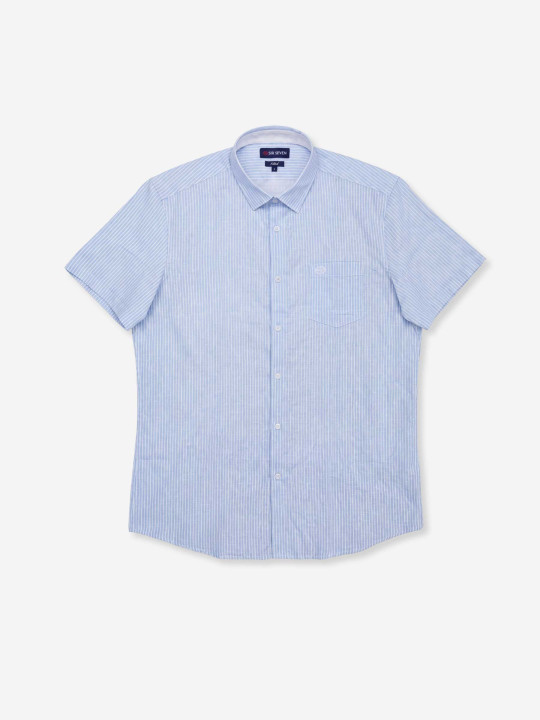 Chemise rayée en lin/coton à manches courtes - Bleu ciel