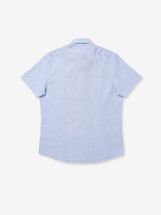 Chemise rayée en lin/coton à manches courtes - Bleu ciel