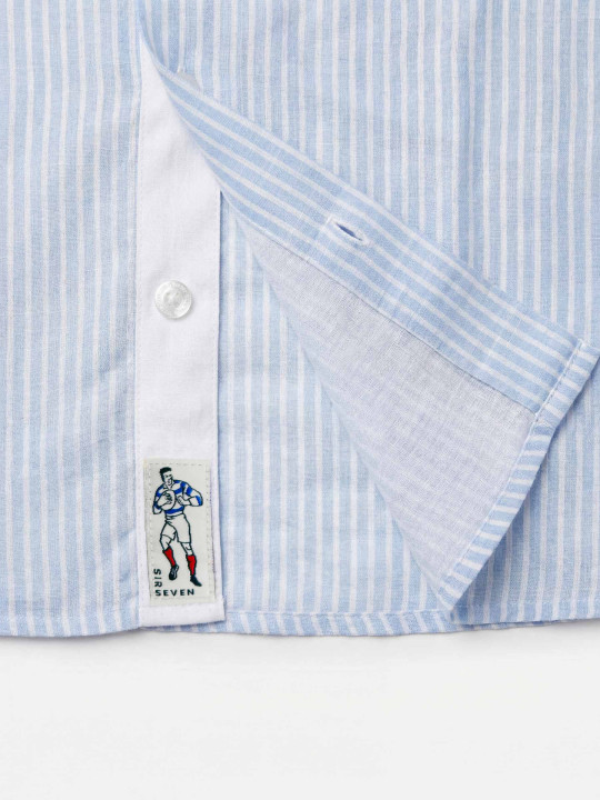 Chemise rayée en lin/coton à manches courtes - Bleu ciel
