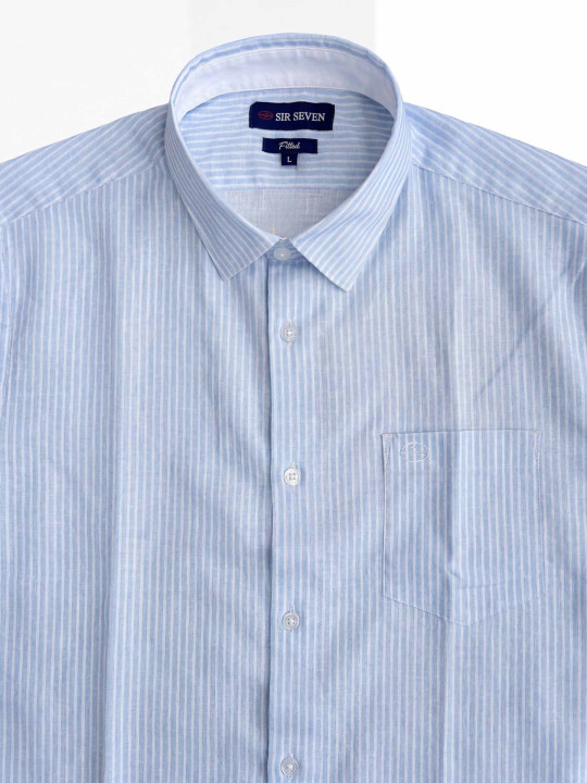 Chemise rayée en lin/coton à manches courtes - Bleu ciel