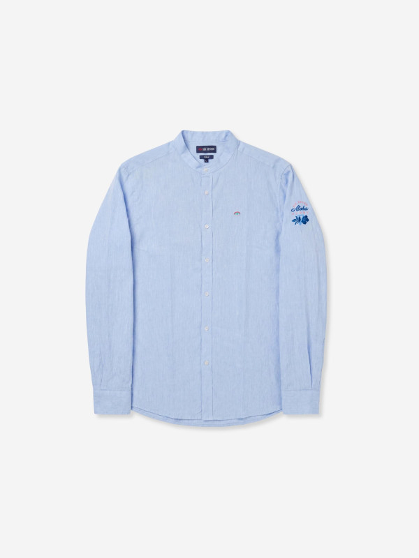 Chemise à col mao et manches longues en coton/lin - Bleu ciel