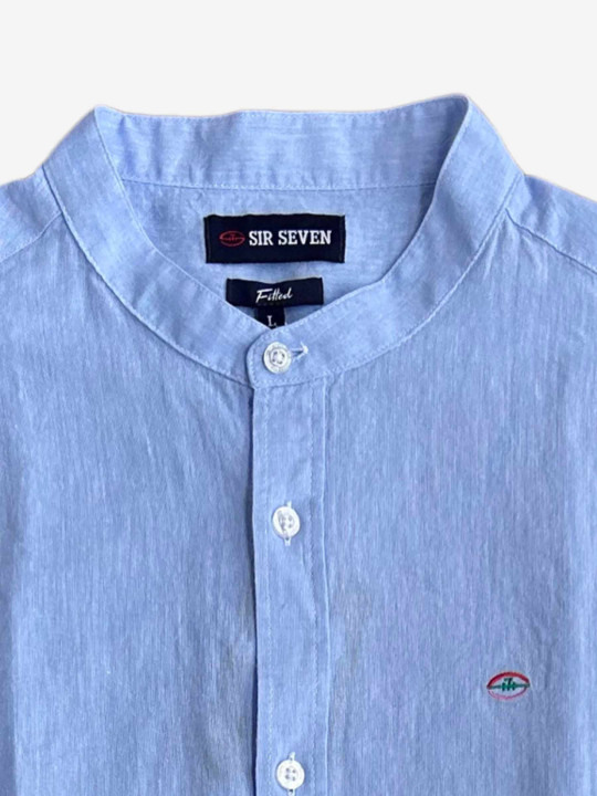Chemise à col mao et manches longues en coton/lin - Bleu ciel