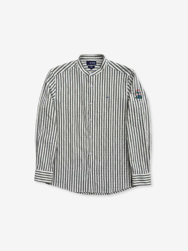 Chemise rayée à col mao et manches longues - Kaki