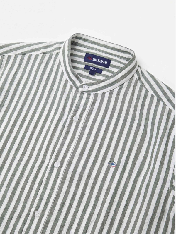Chemise rayée à col mao et manches longues - Kaki
