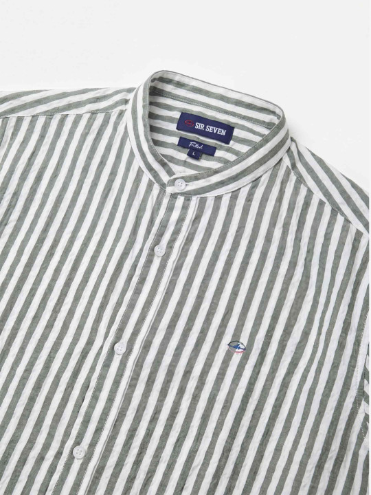 Chemise rayée à col mao et manches longues - Kaki