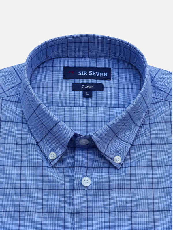Chemise stretch manches courtes à carreaux - Bleu ciel