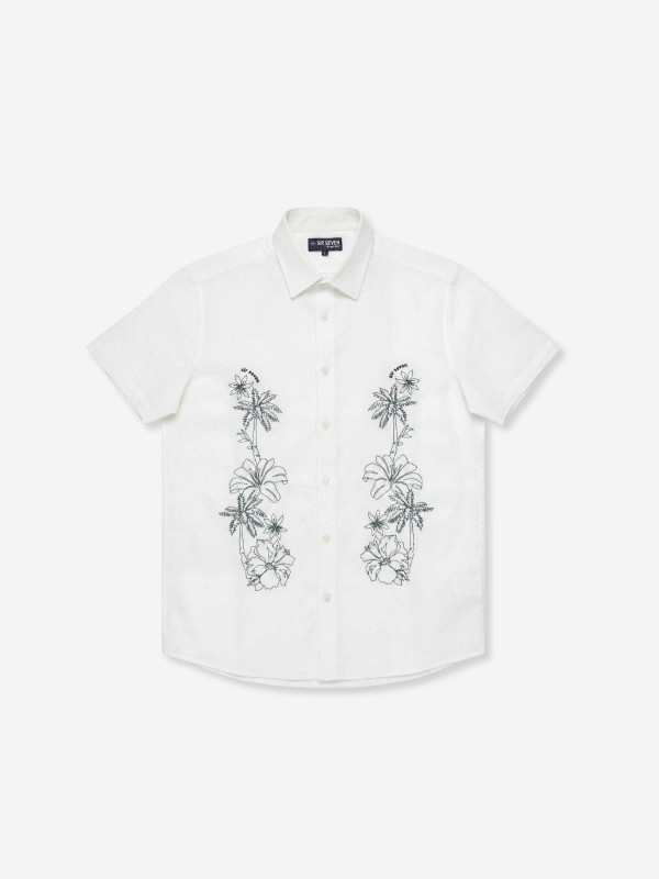 Chemise coton/lin brodée palmiers et hibiscus - Blanc