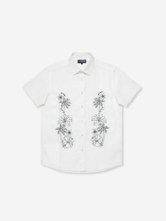Chemise coton/lin brodée palmiers et hibiscus - Blanc