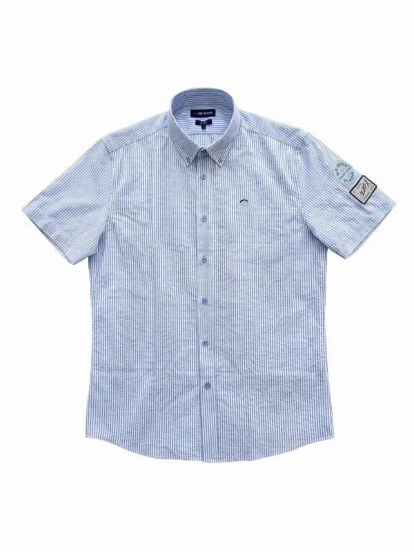 Chemise rayée en coton à manches courtes - Bleu ciel et blanc