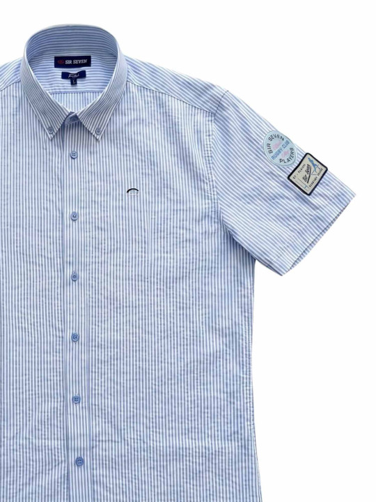 Chemise rayée en coton à manches courtes - Bleu ciel et blanc