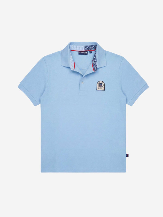 Polo brodé à manches courtes et intérieur de col contrasté - Bleu ciel