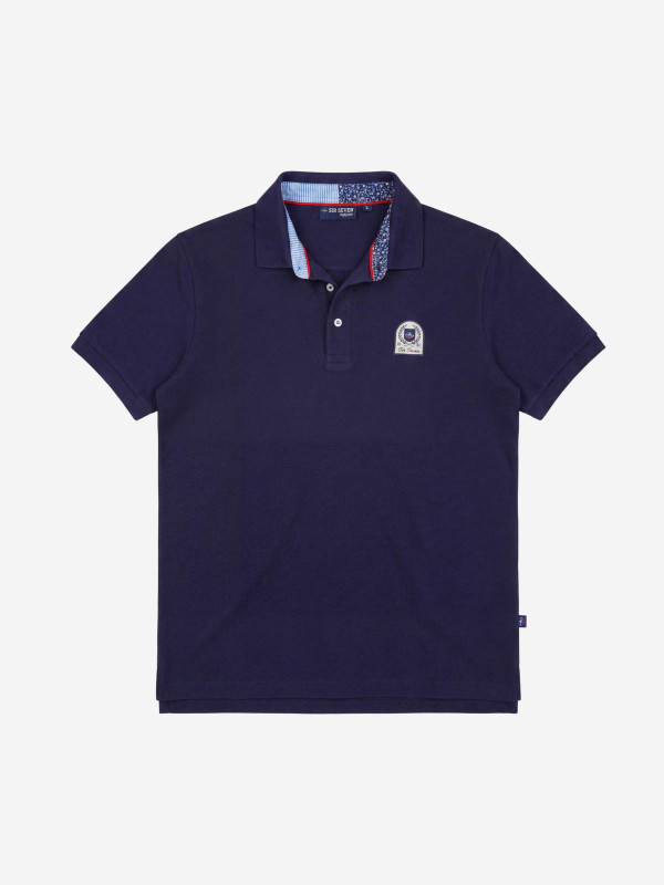 Polo brodé à manches courtes et intérieur de col contrasté - Bleu marine