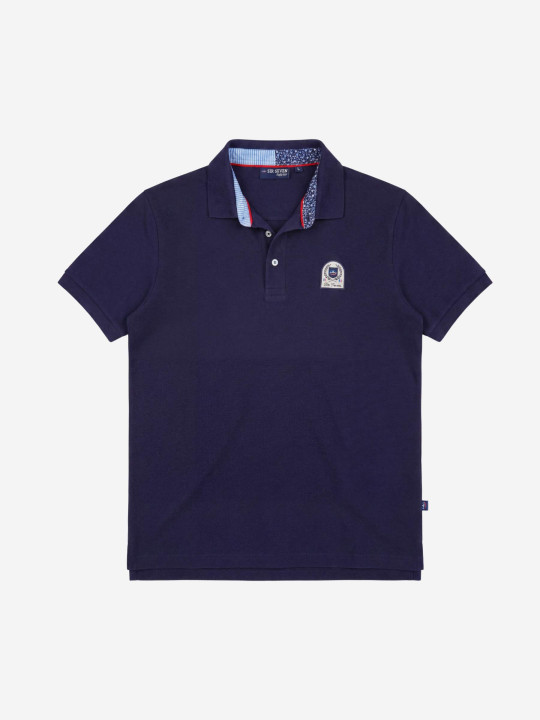 Polo brodé à manches courtes et intérieur de col contrasté - Bleu marine