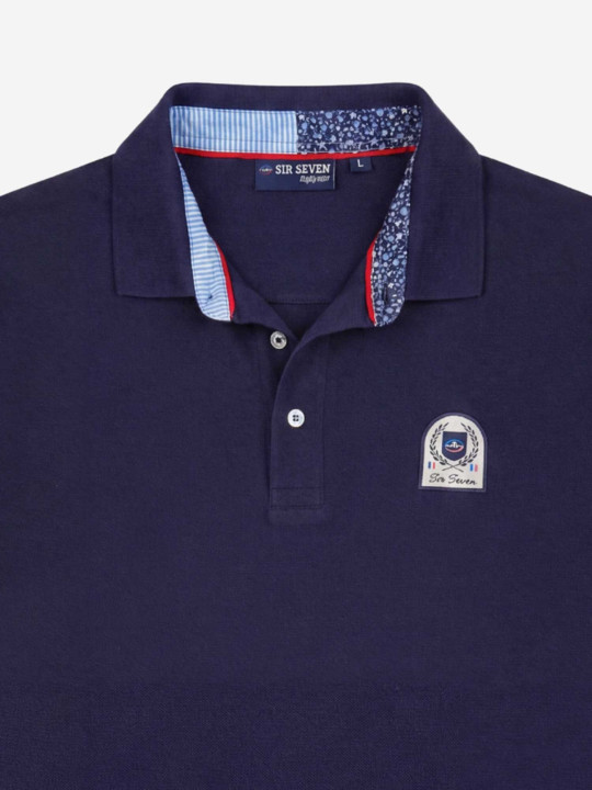 Polo brodé à manches courtes et intérieur de col contrasté - Bleu marine