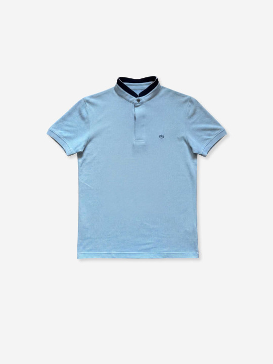 Polo col mao contrasté à manches courtes - Bleu ciel