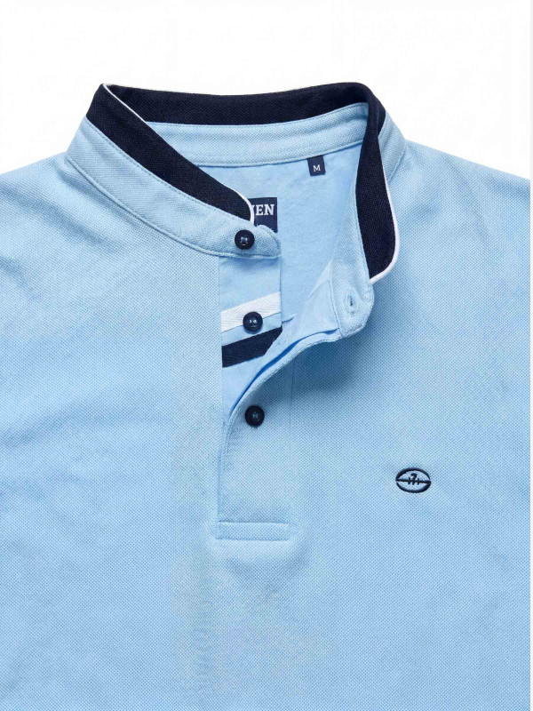 Polo col mao contrasté à manches courtes - Bleu ciel