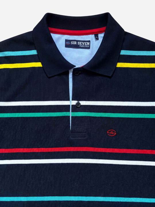 Polo rayures multicolores à manches courtes - Bleu marine