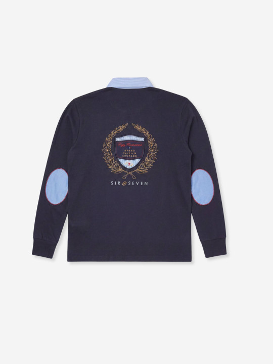 Polo brodé à manches longues et col contrasté rayé - Bleu marine