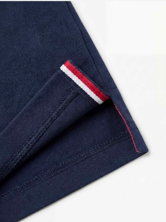 Polo brodé à manches longues et col contrasté rayé - Bleu marine