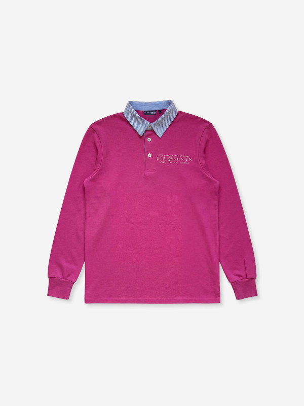 Polo brodé à manches longues et col contrasté rayé - Rose