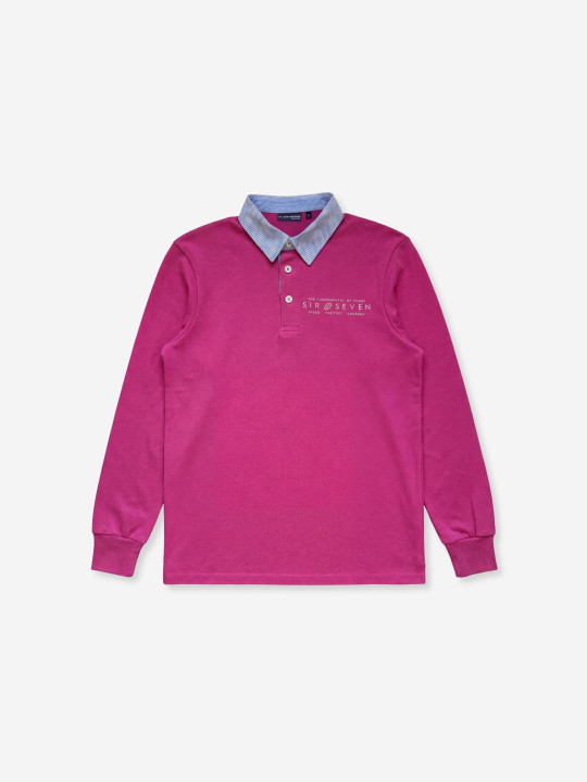 Polo brodé à manches longues et col contrasté rayé - Rose