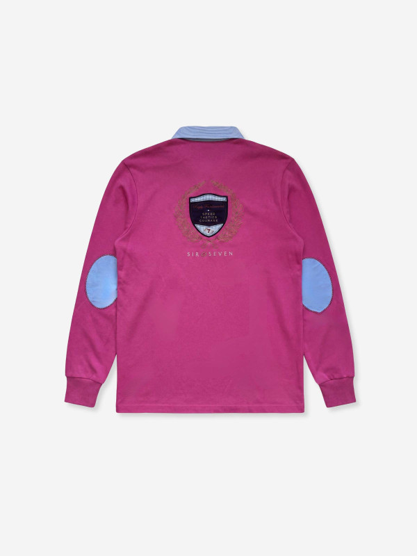 Polo brodé à manches longues et col contrasté rayé - Rose
