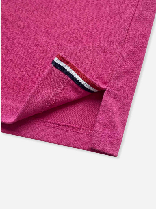 Polo brodé à manches longues et col contrasté rayé - Rose
