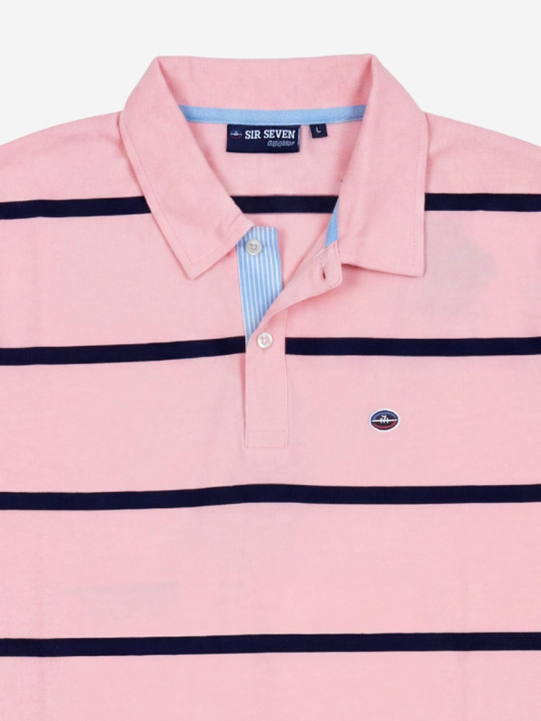 Polo rayé à manches courtes avec patte de boutonnage contrastée - Rose