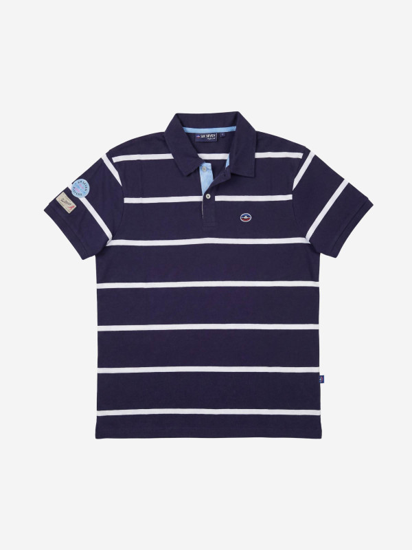 Polo rayé à manches courtes avec patte de boutonnage contrastée - Bleu marine