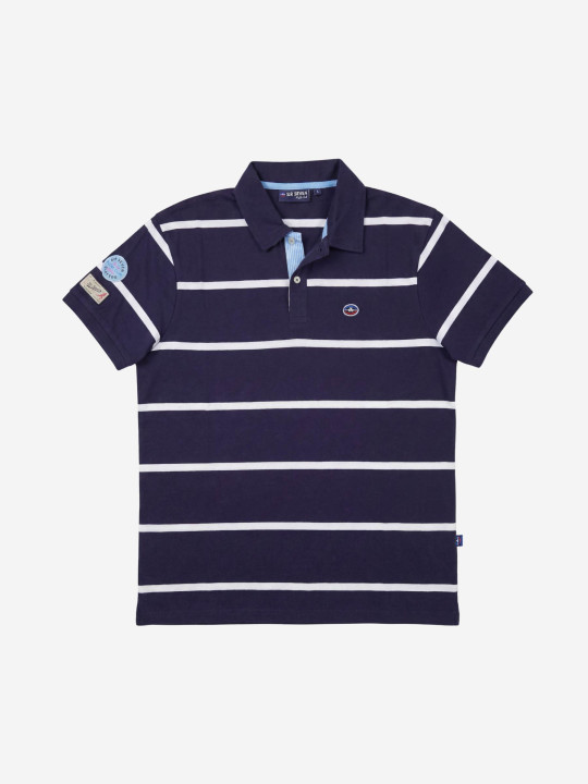 Polo rayé à manches courtes avec patte de boutonnage contrastée - Bleu marine