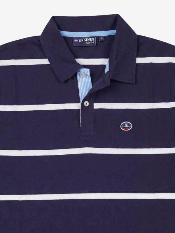 Polo rayé à manches courtes avec patte de boutonnage contrastée - Bleu marine
