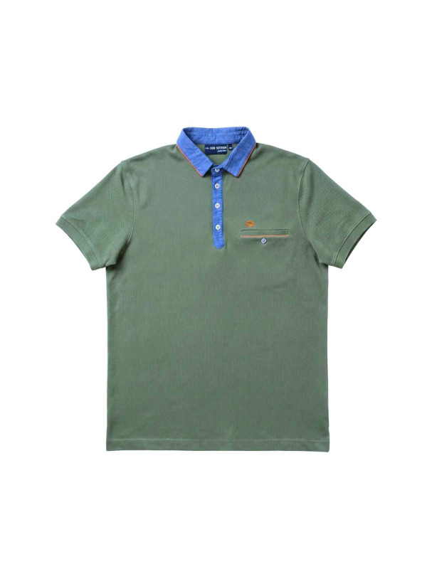 Polo à manches courtes et col contrasté en chambray - Kaki