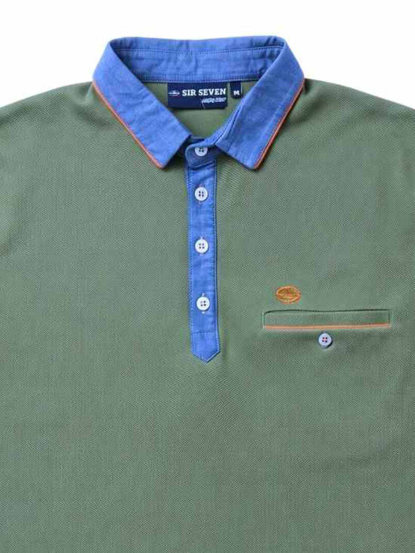 Polo à manches courtes et col contrasté en chambray - Kaki