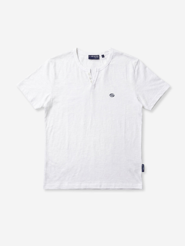 T-shirt manches courtes col tunisien en coton - Blanc