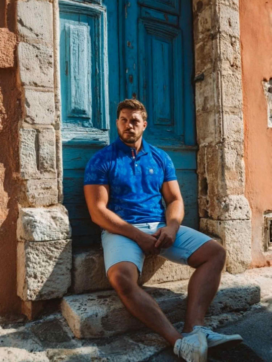 Polo à motifs hibiscus impression laser - Bleu