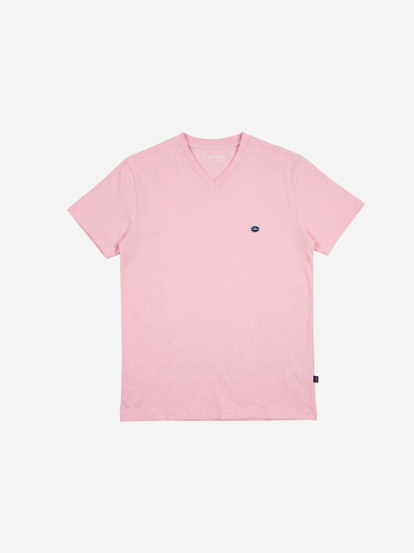 T-shirt col V brodé manches courtes - Rose
