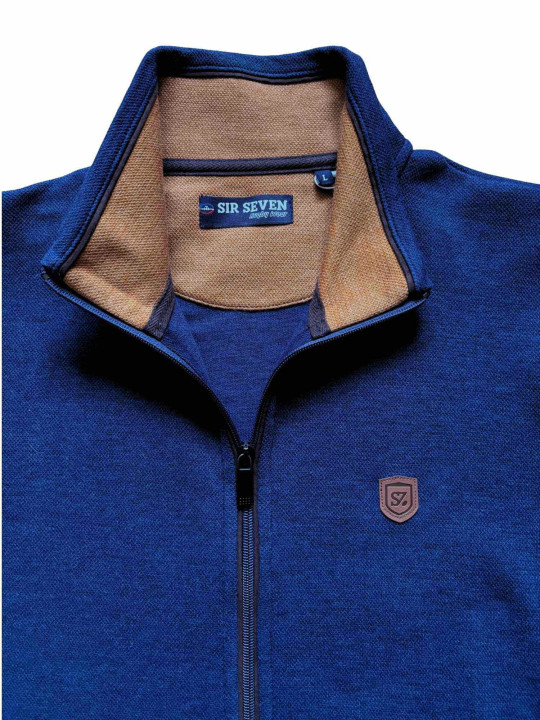 Sweat zippé devant avec écusson et col contrasté - Bleu