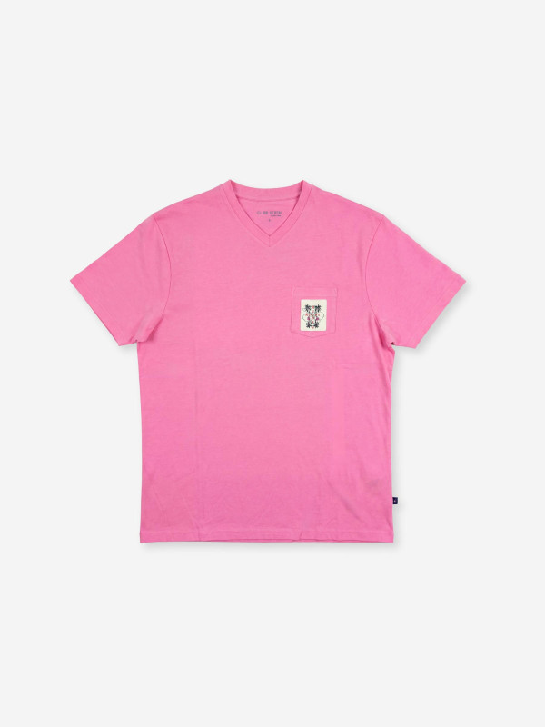 T-shirt col V avec poche poitrine et écusson - Rose
