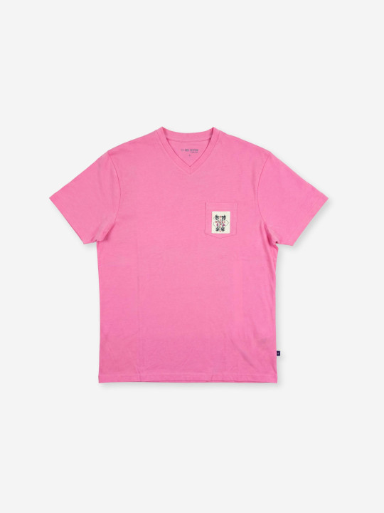 T-shirt col V avec poche poitrine et écusson - Rose